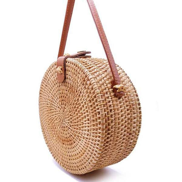 Handmade Round Rattan Crossbody Shoulder Bag Handbag Purse 20 x 20 x 8cm
