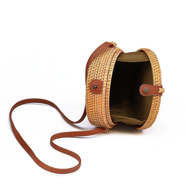 Handmade Round Rattan Crossbody Shoulder Bag Handbag Purse 20 x 20 x 8cm