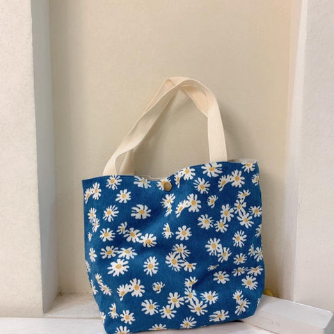 Large Capacity Corduroy Tote Shopper Bag Handbag Floral Design Blue Daisy