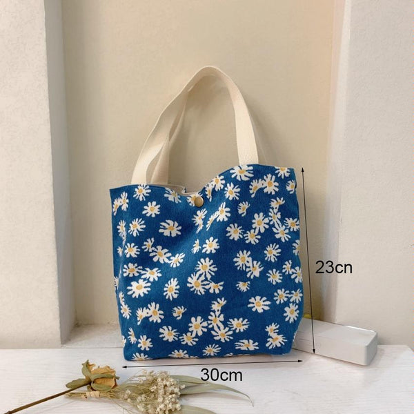 Large Capacity Corduroy Tote Shopper Bag Handbag Floral Design Blue Daisy