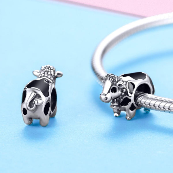 Cow Enamel Sterling Silver Bead Charm Bracelet Necklace