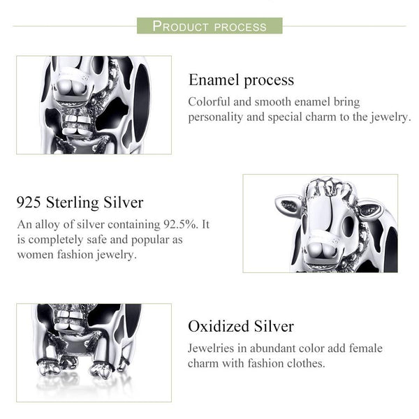 Cow Enamel Sterling Silver Bead Charm Bracelet Necklace