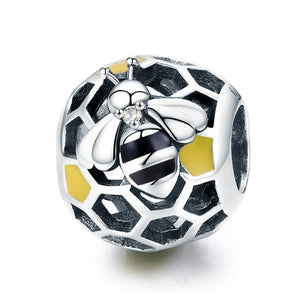 Bee Honeycomb Enamel Sterling Silver Spacer Bead Charm Bracelet Necklace