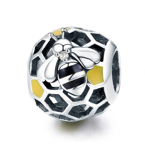 Bee Honeycomb Enamel Sterling Silver Spacer Bead Charm Bracelet Necklace