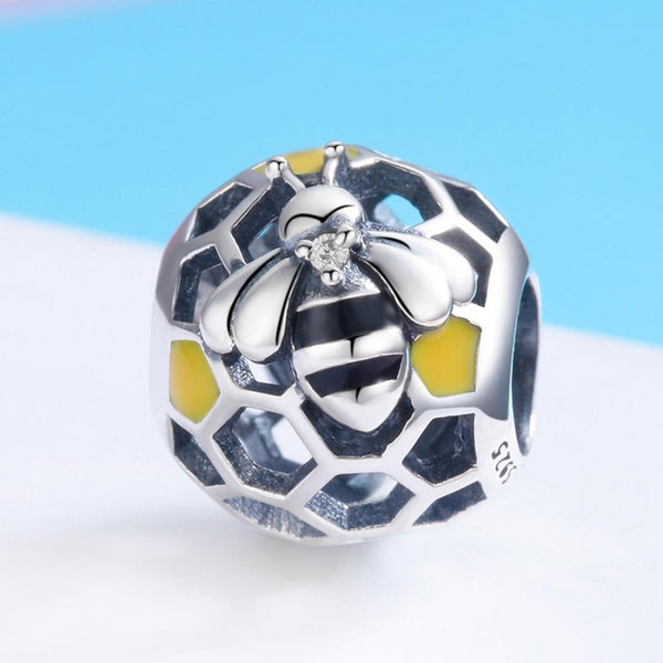 Bee Honeycomb Enamel Sterling Silver Spacer Bead Charm Bracelet Necklace