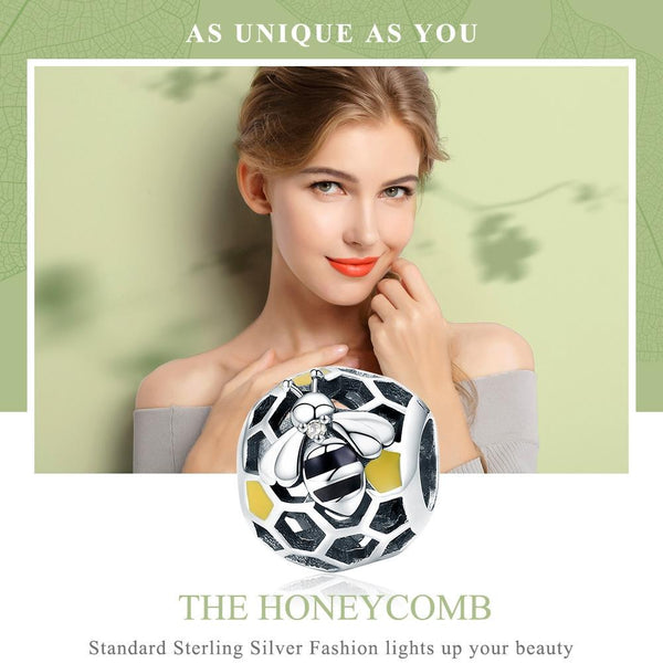 Bee Honeycomb Enamel Sterling Silver Spacer Bead Charm Bracelet Necklace