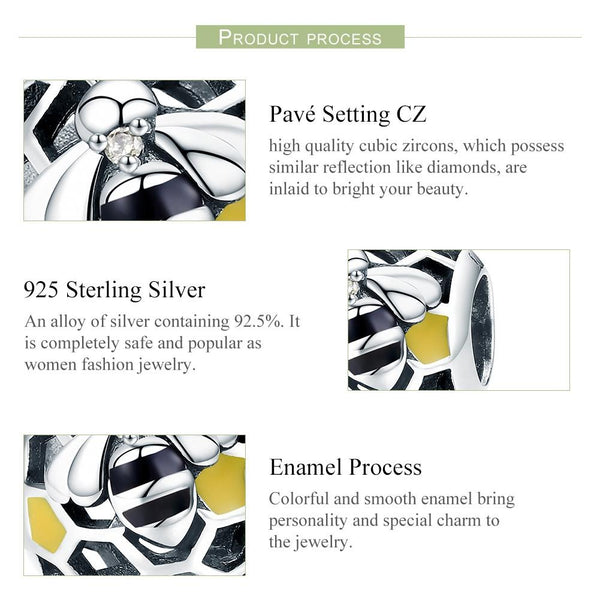 Bee Honeycomb Enamel Sterling Silver Spacer Bead Charm Bracelet Necklace