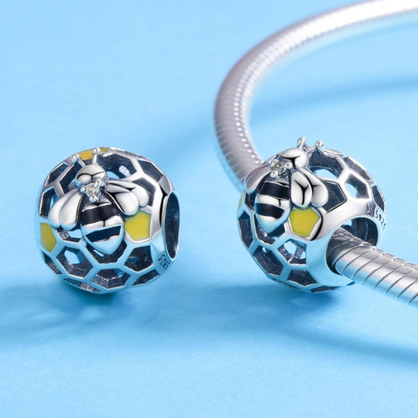 Bee Honeycomb Enamel Sterling Silver Spacer Bead Charm Bracelet Necklace