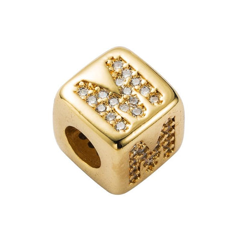Gold Colour Letter Initial Copper Zircon CZ Bead Charm Bracelet Necklace M