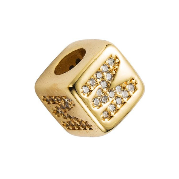 Gold Colour Letter Initial Copper Zircon CZ Bead Charm Bracelet Necklace M