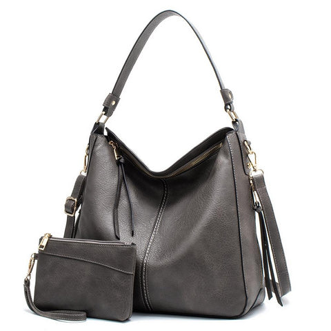 2 Pce Faux PU Leather Tote Shoulder Clutch Bag Handbag Set Dark Grey