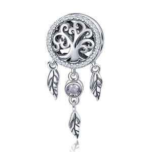 Tree Of Life Dreamcatcher Sterling Silver Zircon CZ Bead Charm Bracelet Necklace