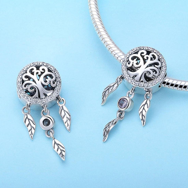 Tree Of Life Dreamcatcher Sterling Silver Zircon CZ Bead Charm Bracelet Necklace