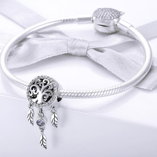 Tree Of Life Dreamcatcher Sterling Silver Zircon CZ Bead Charm Bracelet Necklace