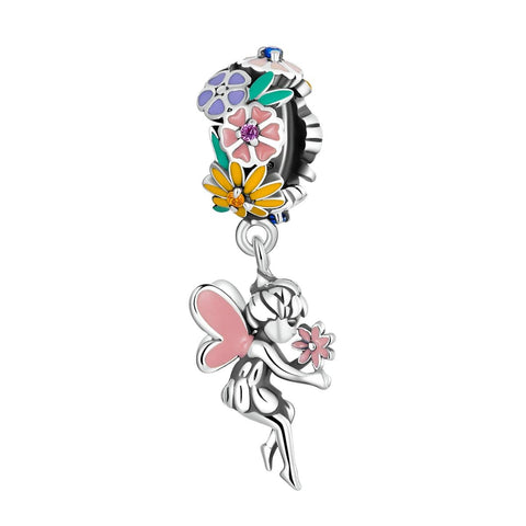 Flower Fairy Enamel Sterling Silver CZ Bead Charm Pendant Bracelet Necklace