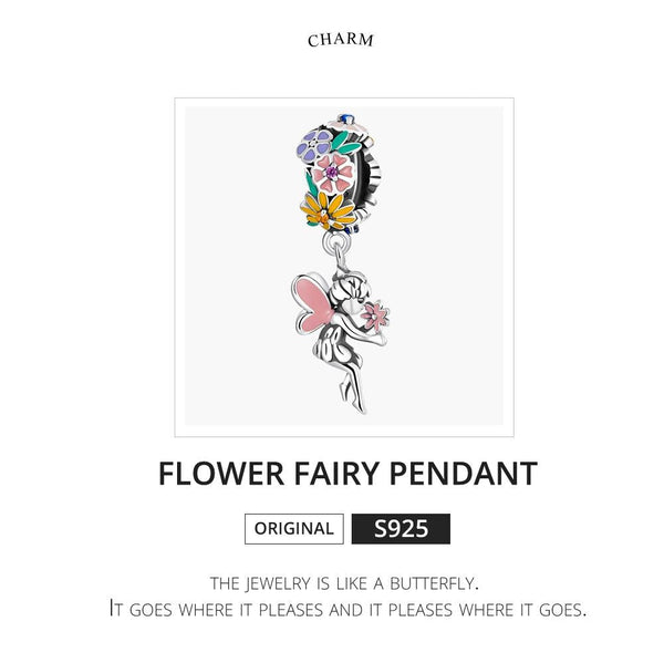 Flower Fairy Enamel Sterling Silver CZ Bead Charm Pendant Bracelet Necklace