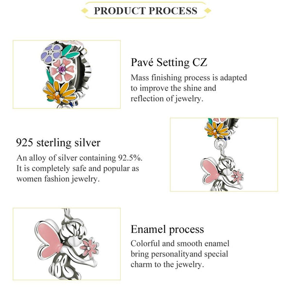 Flower Fairy Enamel Sterling Silver CZ Bead Charm Pendant Bracelet Necklace