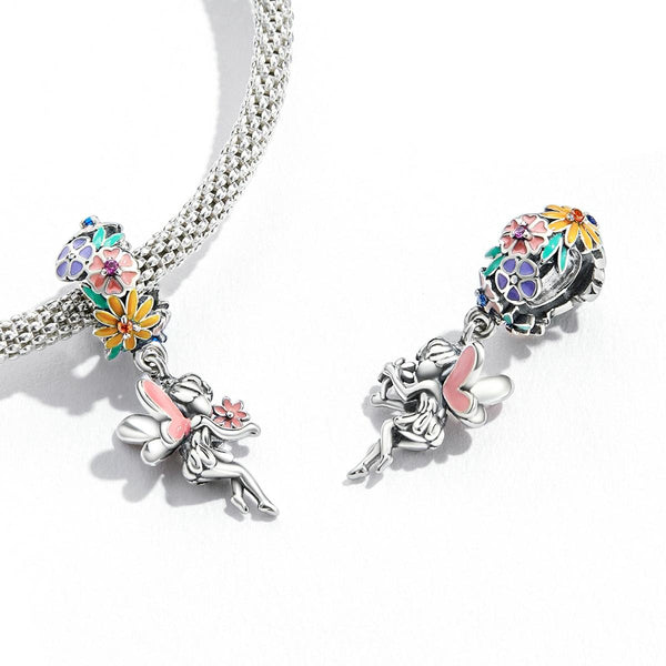 Flower Fairy Enamel Sterling Silver CZ Bead Charm Pendant Bracelet Necklace