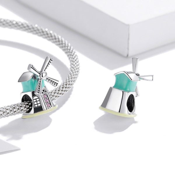 Windmill Enamel Sterling Silver Zircon CZ Bead Charm Pendant Bracelet Necklace