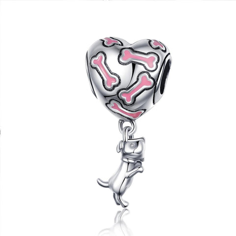 Dog Heart Bone Enamel Sterling Silver Bead Charm Bracelet Necklace