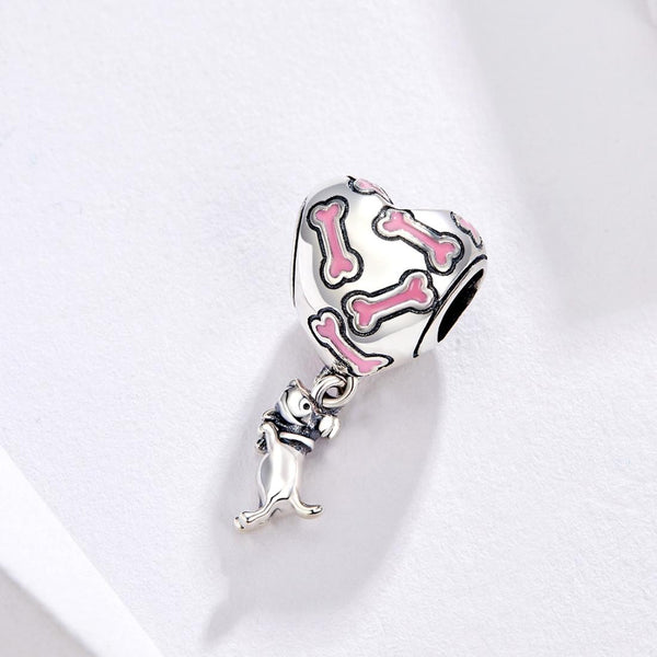 Dog Heart Bone Enamel Sterling Silver Bead Charm Bracelet Necklace