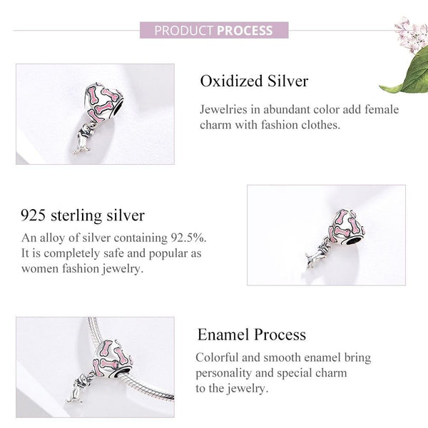 Dog Heart Bone Enamel Sterling Silver Bead Charm Bracelet Necklace