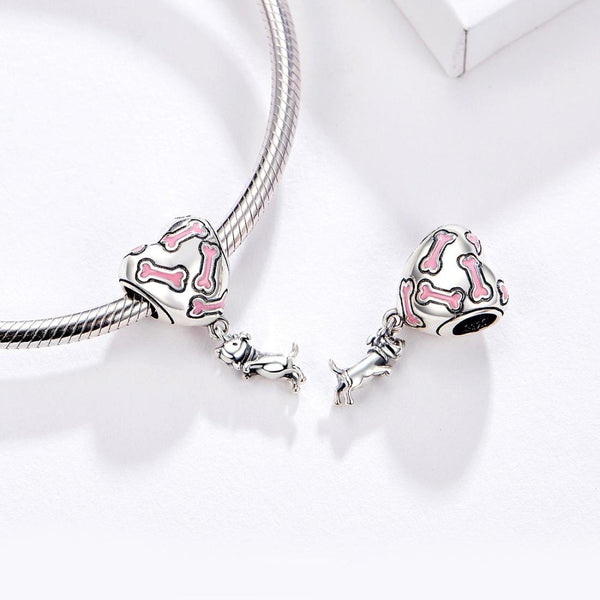 Dog Heart Bone Enamel Sterling Silver Bead Charm Bracelet Necklace