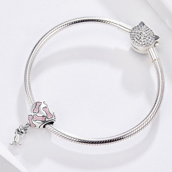Dog Heart Bone Enamel Sterling Silver Bead Charm Bracelet Necklace