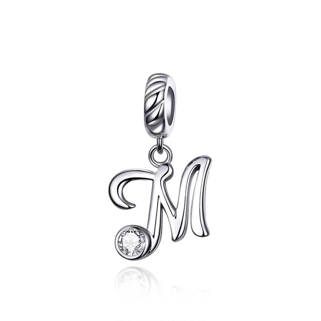 M Letter Initial Platinum Plated Sterling Silver Crystal Zircon Charm Bracelet Necklace