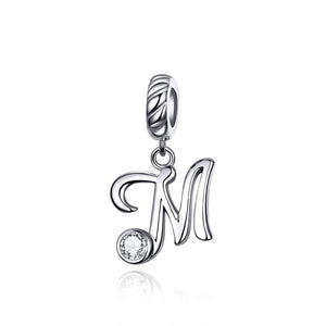 M Letter Initial Platinum Plated Sterling Silver Crystal Zircon Charm Bracelet Necklace