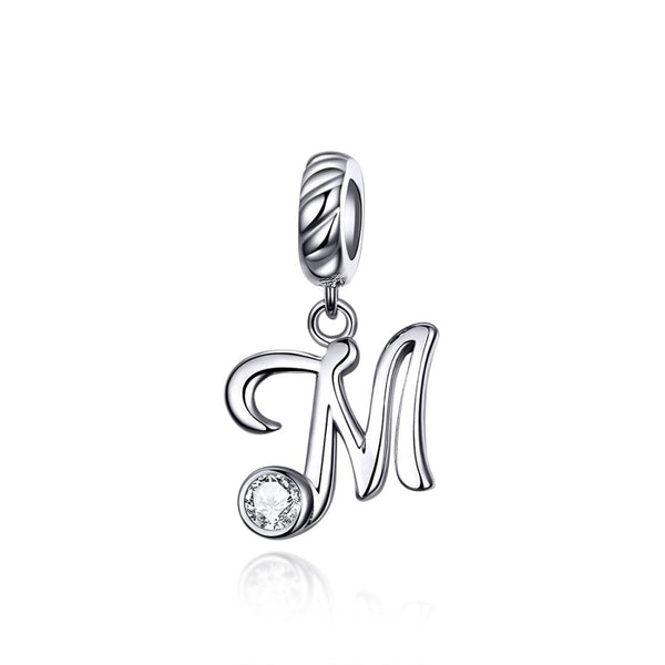 M Letter Initial Platinum Plated Sterling Silver Crystal Zircon Charm Bracelet Necklace