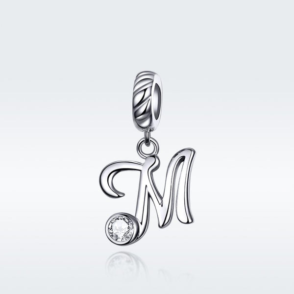 M Letter Initial Platinum Plated Sterling Silver Crystal Zircon Charm Bracelet Necklace