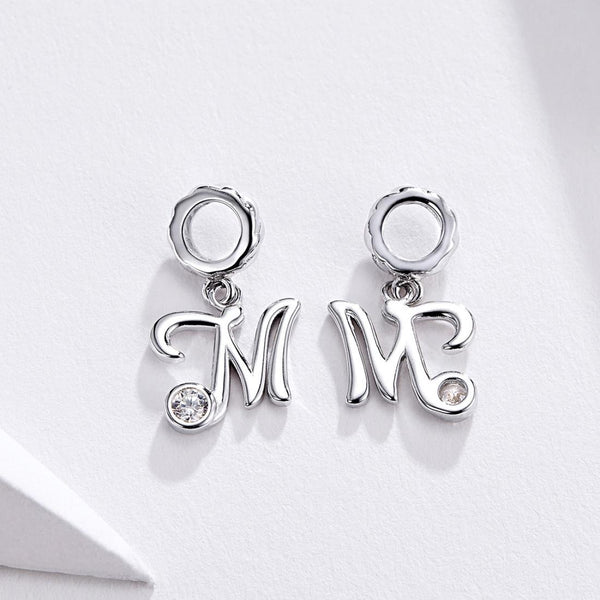 M Letter Initial Platinum Plated Sterling Silver Crystal Zircon Charm Bracelet Necklace
