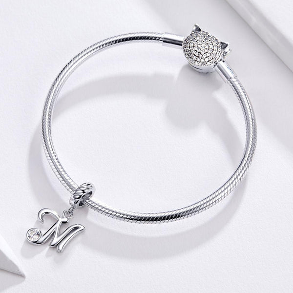 M Letter Initial Platinum Plated Sterling Silver Crystal Zircon Charm Bracelet Necklace