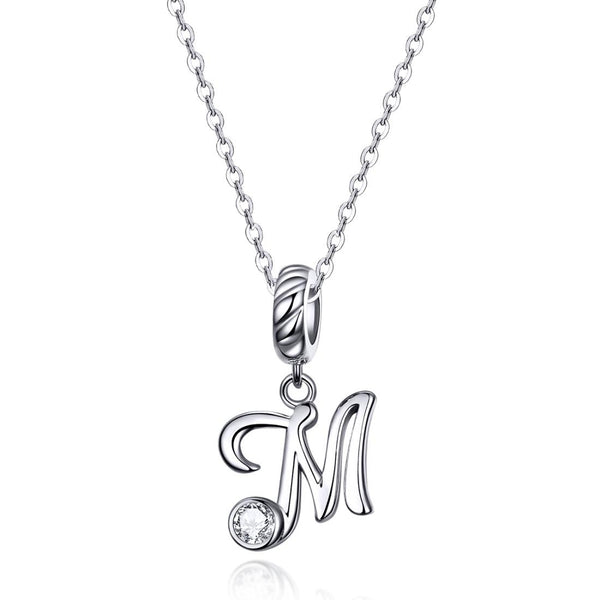 M Letter Initial Platinum Plated Sterling Silver Crystal Zircon Charm Bracelet Necklace