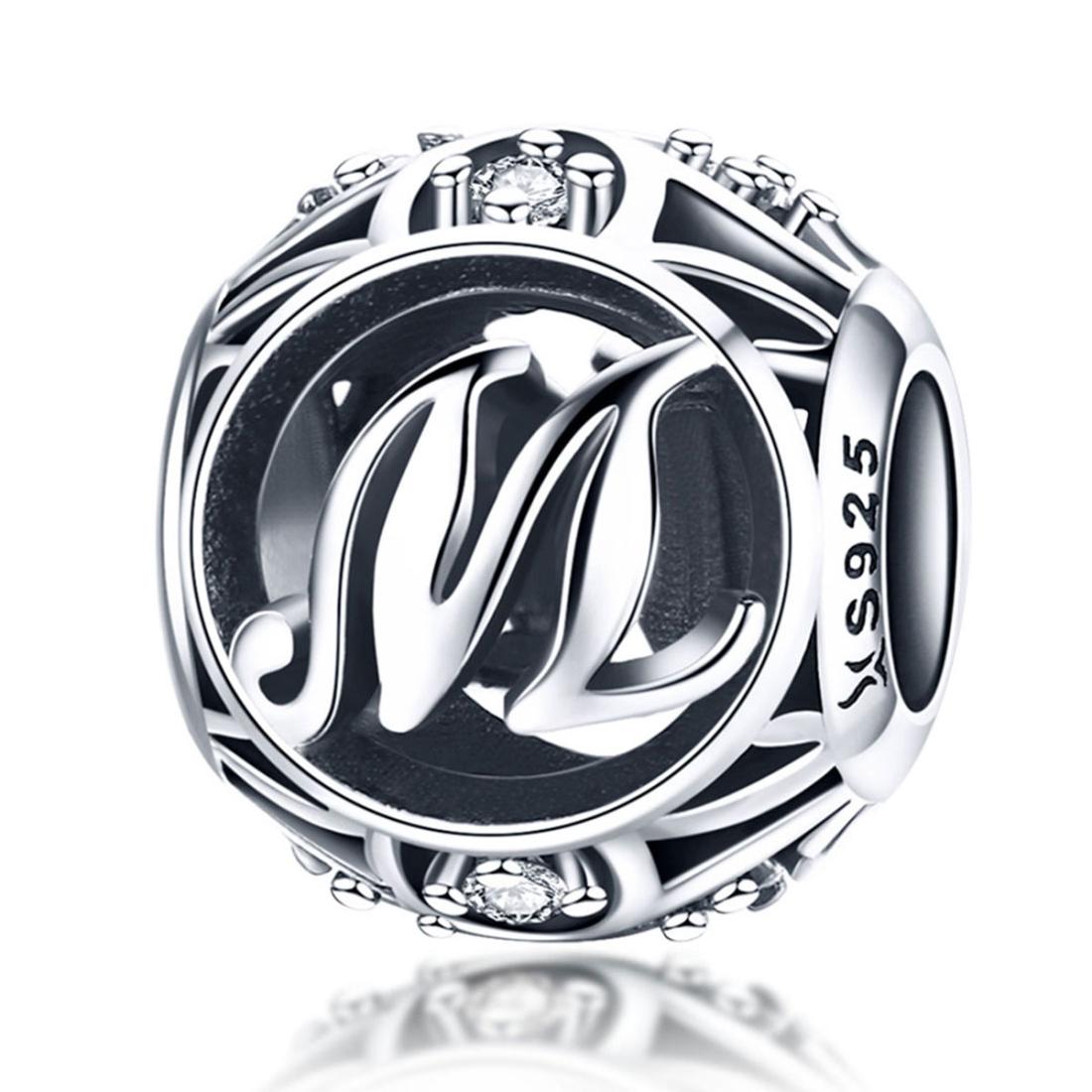 M Initial Letter Sterling Silver Zircon CZ Bead Charm Bracelet Necklace