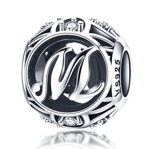 M Initial Letter Sterling Silver Zircon CZ Bead Charm Bracelet Necklace