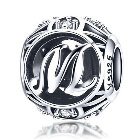 M Initial Letter Sterling Silver Zircon CZ Bead Charm Bracelet Necklace