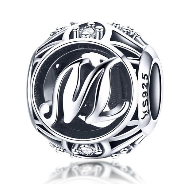 M Initial Letter Sterling Silver Zircon CZ Bead Charm Bracelet Necklace