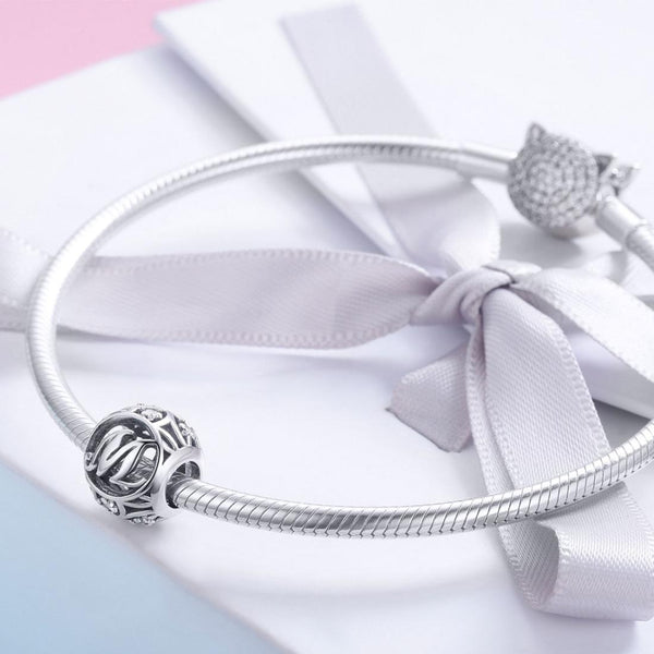 M Initial Letter Sterling Silver Zircon CZ Bead Charm Bracelet Necklace
