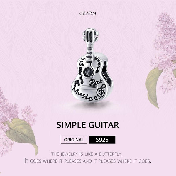 Guitar Rock Music Sterling Silver Bead Charm Pendant Bracelet Necklace