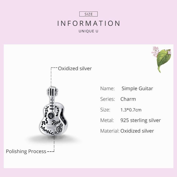 Guitar Rock Music Sterling Silver Bead Charm Pendant Bracelet Necklace