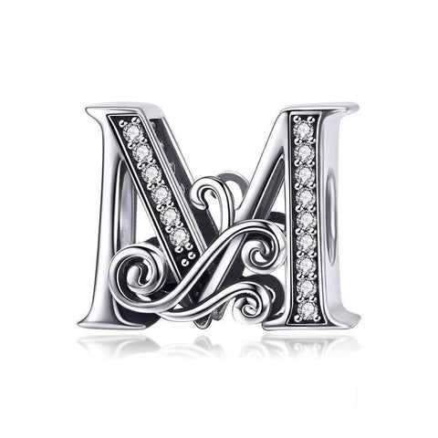 Initial Letter Gothic Victorian Sterling Silver Zircon CZ Bead Charm Bracelet M