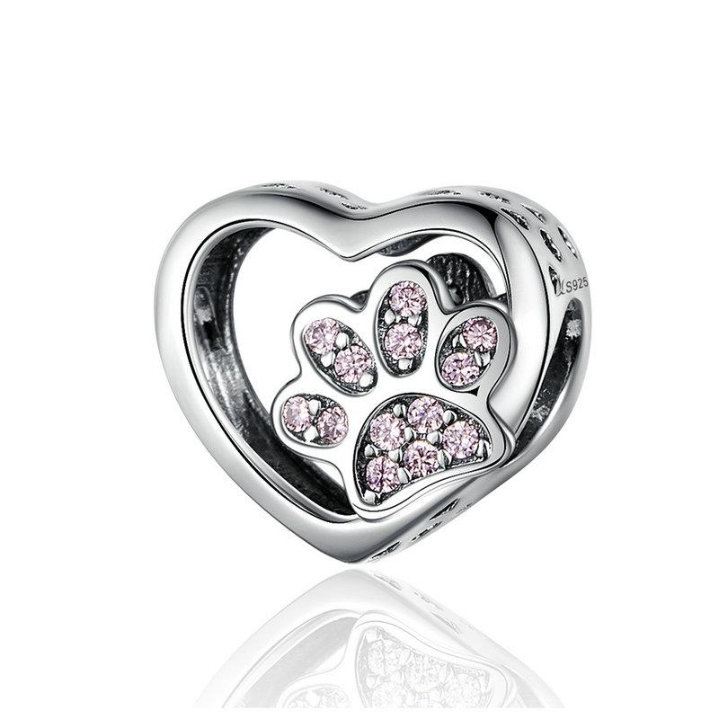 Paw Print Heart Sterling Silver CZ Bead Charm Bracelet Necklace Pendant