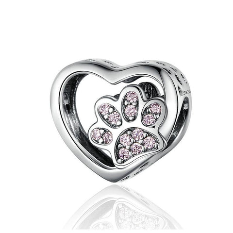 Paw Print Heart Sterling Silver CZ Bead Charm Bracelet Necklace Pendant