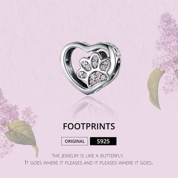 Paw Print Heart Sterling Silver CZ Bead Charm Bracelet Necklace Pendant