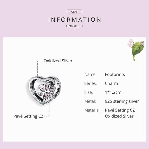 Paw Print Heart Sterling Silver CZ Bead Charm Bracelet Necklace Pendant