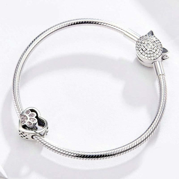Paw Print Heart Sterling Silver CZ Bead Charm Bracelet Necklace Pendant