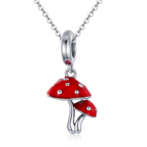 Pair Mushrooms Toadstools Enamel Sterling Silver Bead Charm Bracelet Necklace
