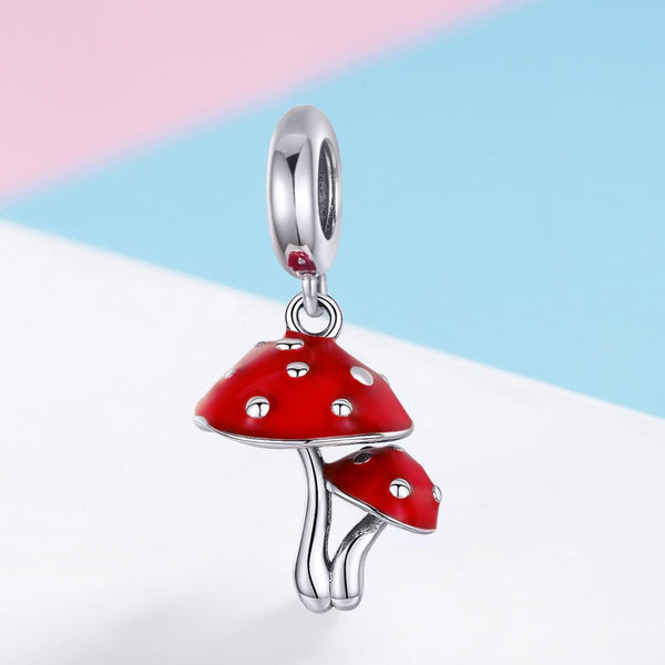 Pair Mushrooms Toadstools Enamel Sterling Silver Bead Charm Bracelet Necklace